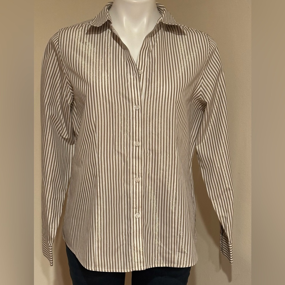 CHICO’S Gold White Ecru Beige Stripe Button Down Long Sleeves Collar Blouse Sz 1
